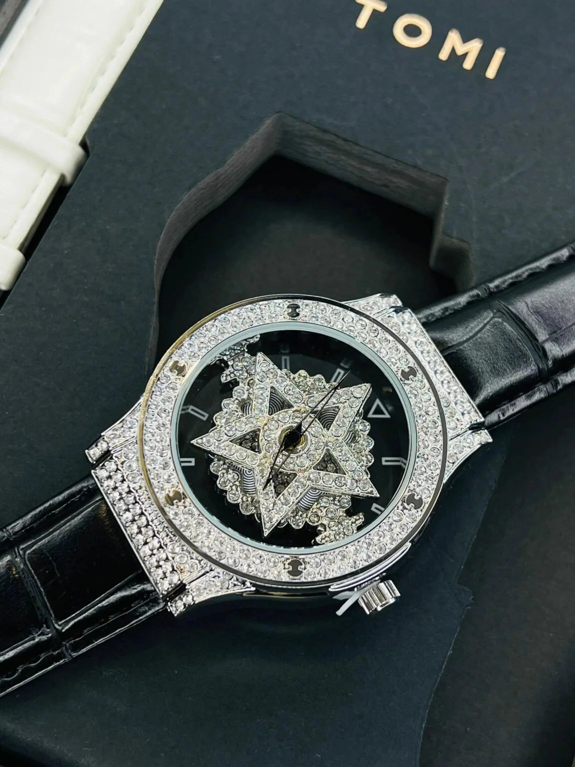 TOMI Skelton Iced Out Spinner Face Gear Silver | The Tomi Watches