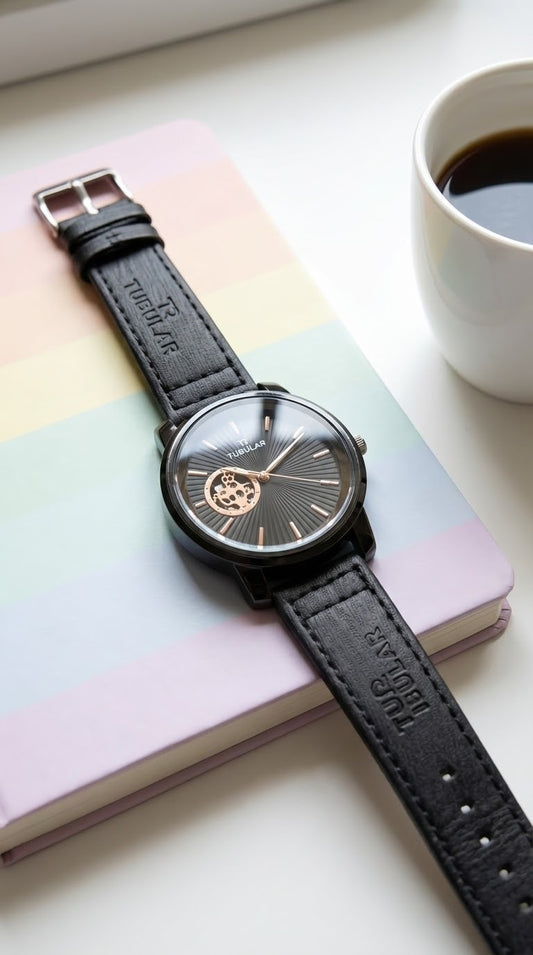 Luxury Black Dial Men’s Wrist Watch with Leather Strap