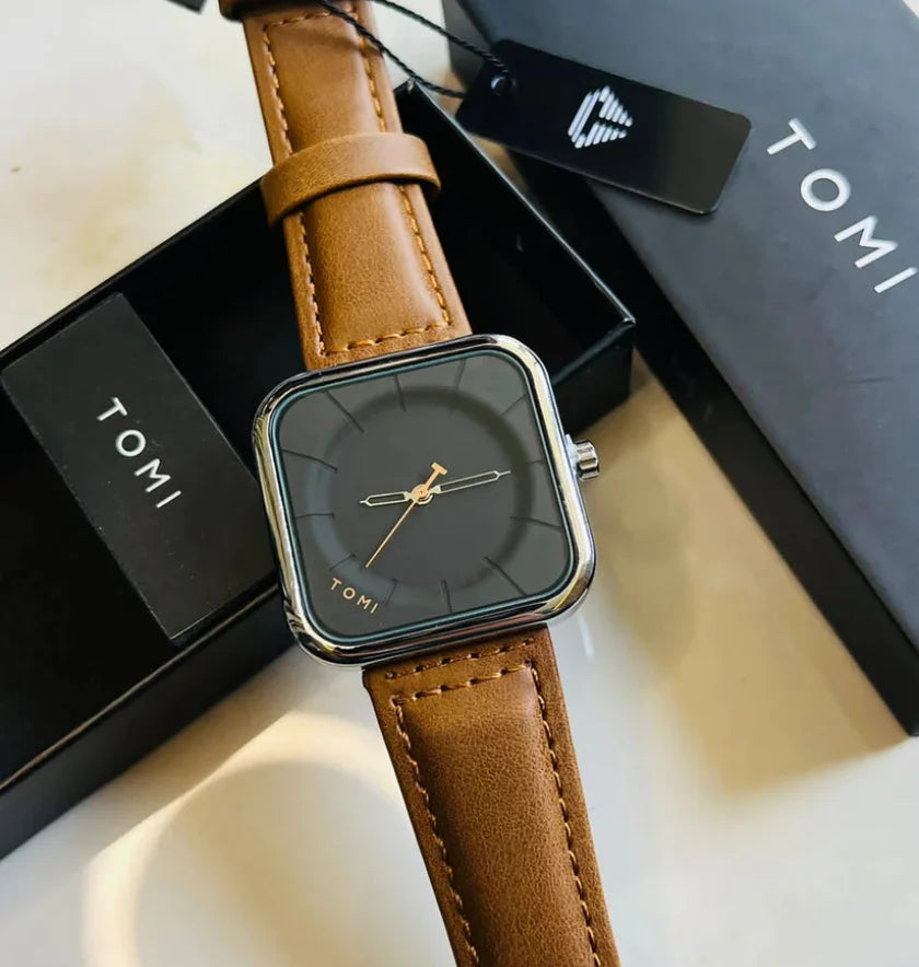 EliteWrist TOMI T-093 Men’s Luxury Square Dial Leather Watch | The Tomi Watches