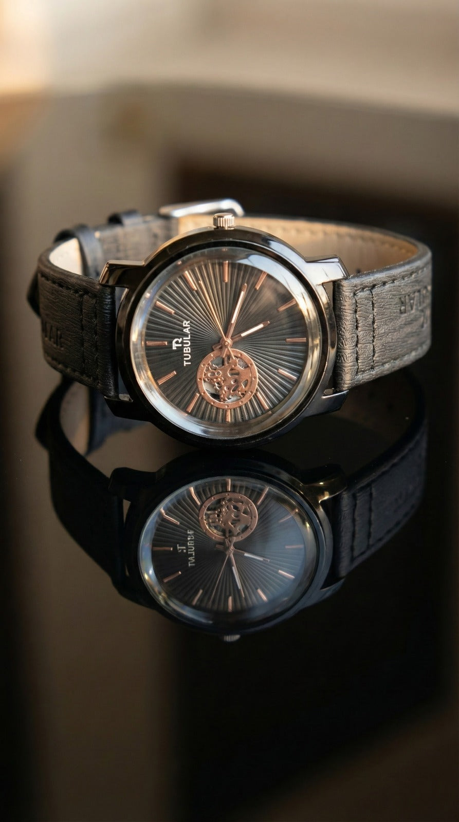 Luxury Black Dial Men’s Wrist Watch with Leather Strap