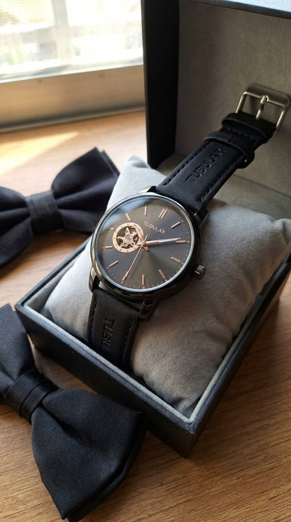 Luxury Black Dial Men’s Wrist Watch with Leather Strap